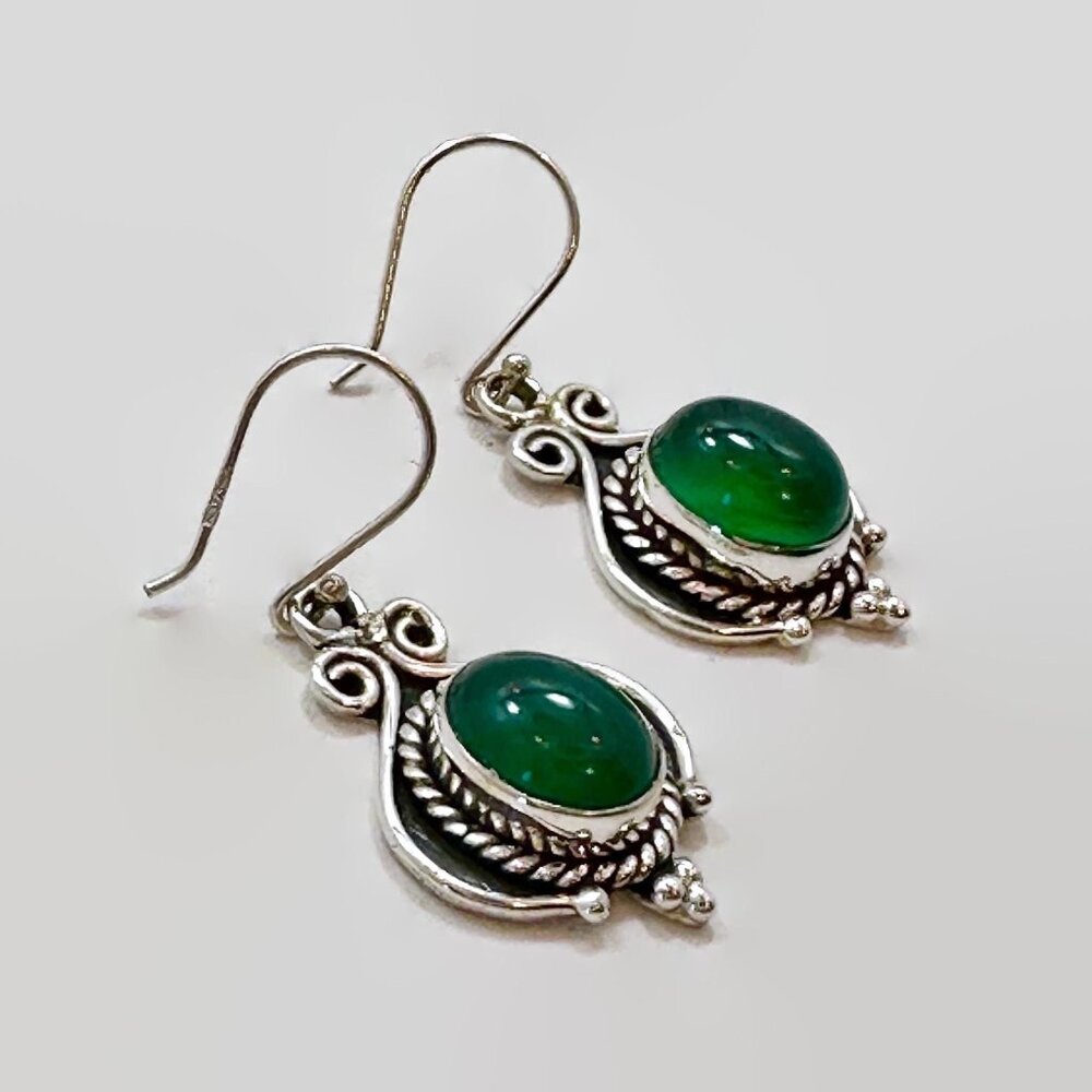 Green Onyx Earrings, Sterling Silver, Pierced, Dangle Earrings, Green Stone - Picture 2 of 3